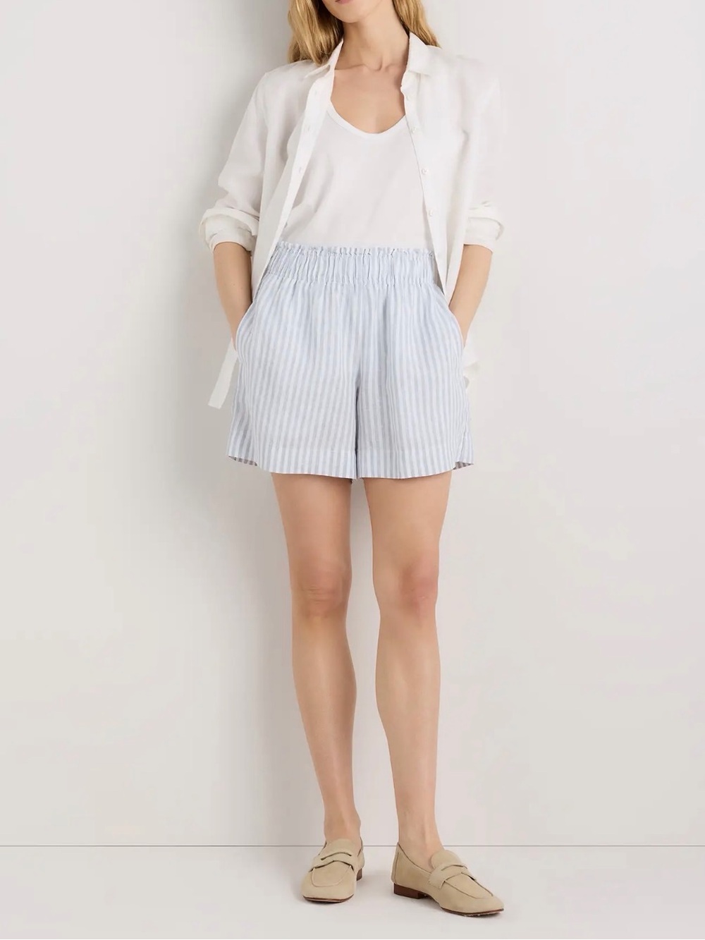 Blue and White Striped European linen high waisted shorts